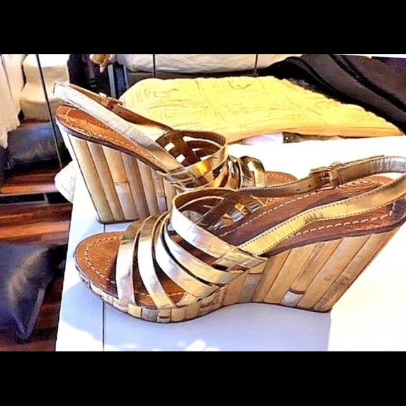 MIU MIU PRADA GOLD BAMBOO PLATFORM WEDGE STRAPPY 9 - Picture 3 of 7